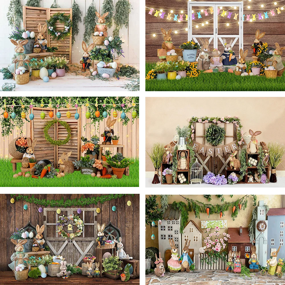 Mehofond Ostern Kulissen Frühling Eier Hase Porträt Fotografie Hintergrund Gras Kaninchen Baby Dusche Party Hintergrund Photophone