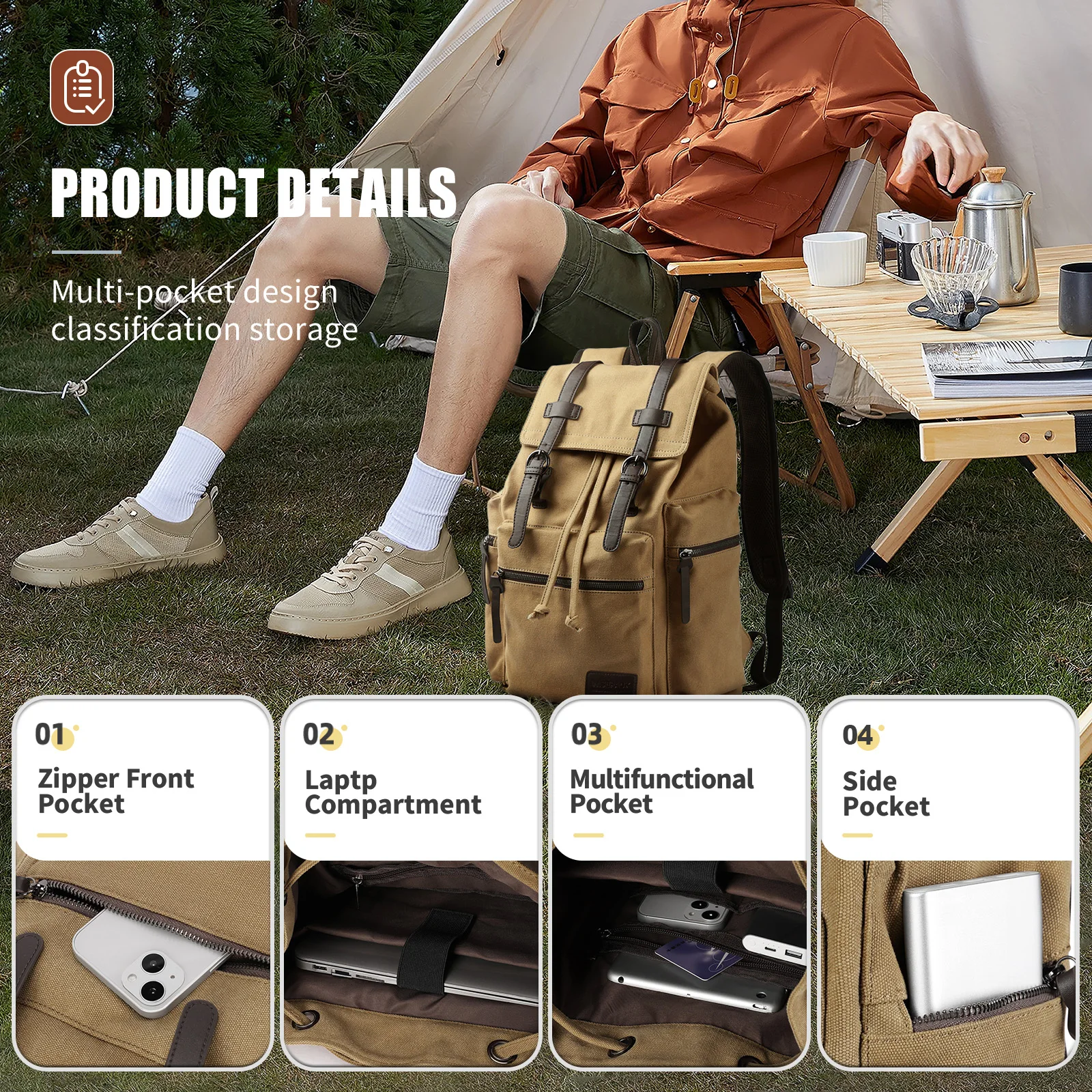 Large Vintage Canvas Backpack,14 Inch Work Laptop Bags College Shoulder Bag, Hiking Travel Backpack for Men Schoolbag Bags 