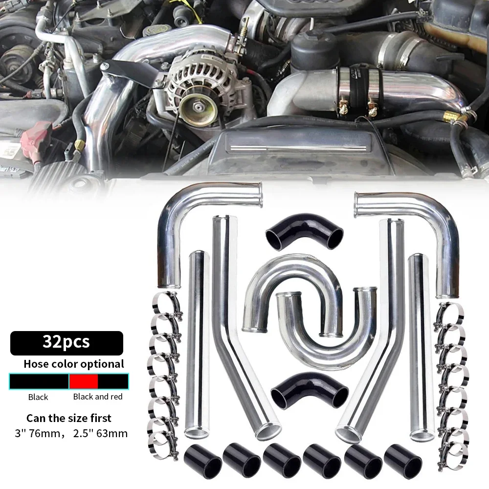 Uniwersalny aluminiowy zestaw przewodów chłodnicy międzystopniowej Turbo 2'' 51mm 2.5'' 63mm 3'' 76mm + węże silikonowe + zaciski śrubowe Samochodowa rura powietrzna