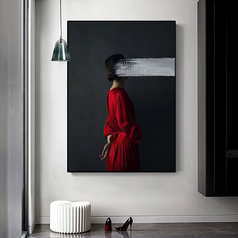 

Abstract Art Woman Red Portrait Oil Painting Custom Grey Black Character Poster Wall Picture Bedroom Canvas Print Home Decor