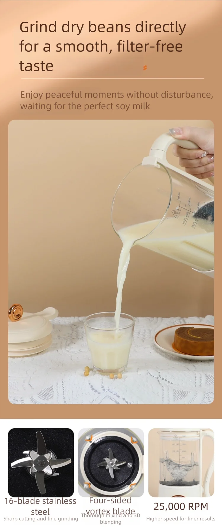 1200ML Electric Soybean Milk Machine Automatic Intelligent Food Blender Filter-free Soy Milk Maker Rice Paste Maker Kettle