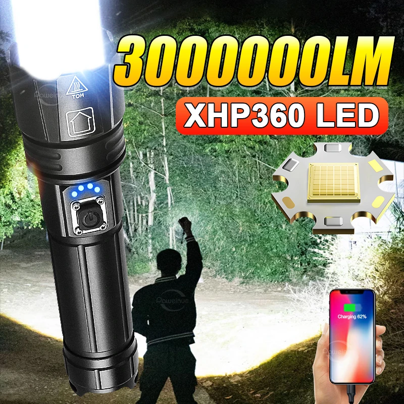 High Power Led Flashlight 3000000Lumens XHP360 Flashlight 500W Ultra Powerful Flashlight Zoom Tactical Lantern Rechargeable Lamp