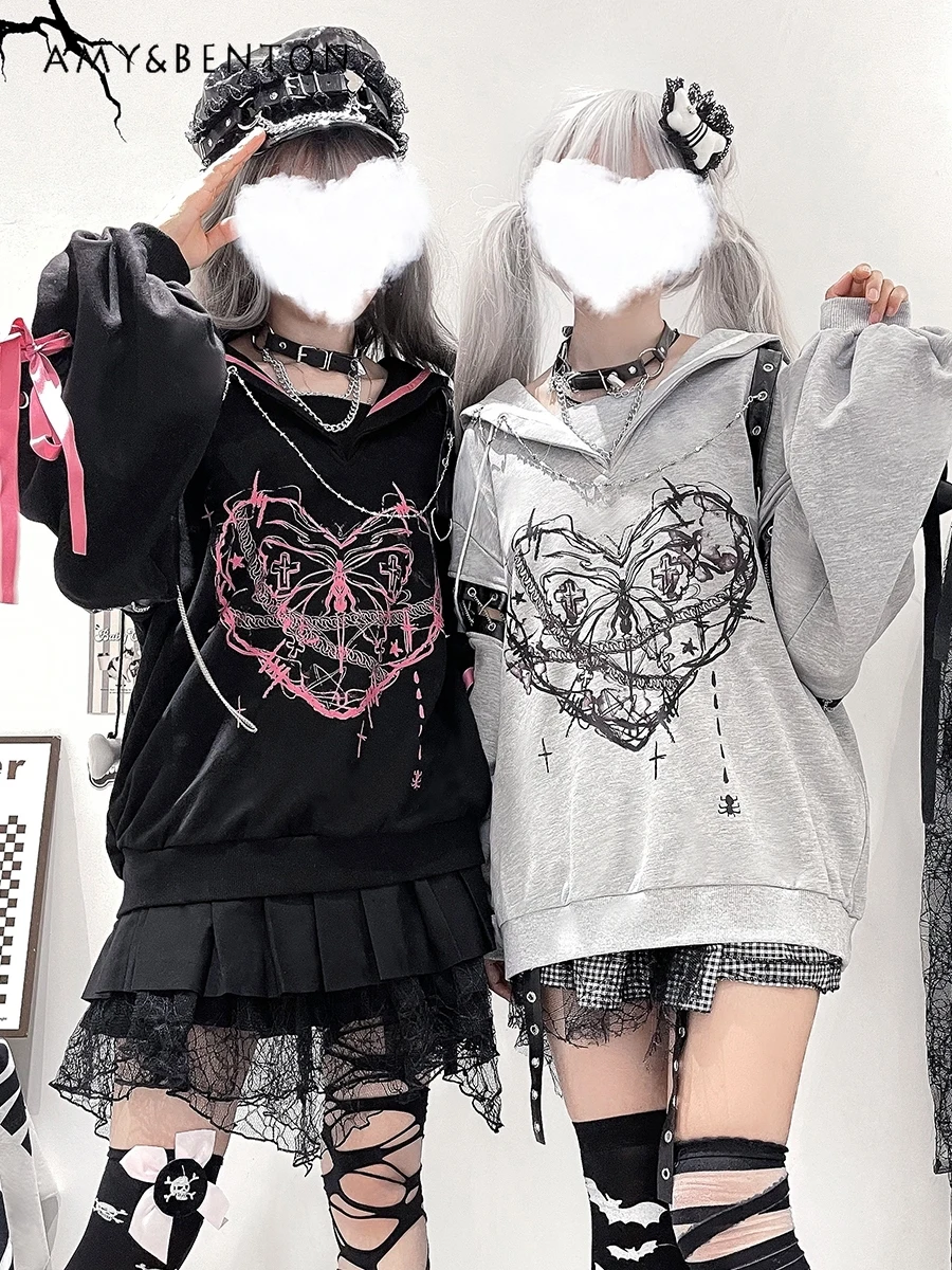 

Subculture Hot Girl Goth Anime Print Sailor Collar Long Sleeve Hoodie Irregular Mini Skirt Two-Piece Set Y2K Harajuku Skirt Sets