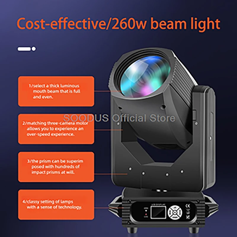 

260W Beam Pattern Light DMX512 Prismatic Rainbow Effect Moving Head Lights Sound Activated LED Spotlights for Stage DJ Wedding