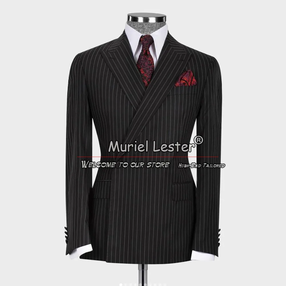 

Black Stripes Business Suit Men Double Breasted Prom Blazer Plus Size Male Classic Groom Wedding Tuxedos Banquet Dinner Clothing