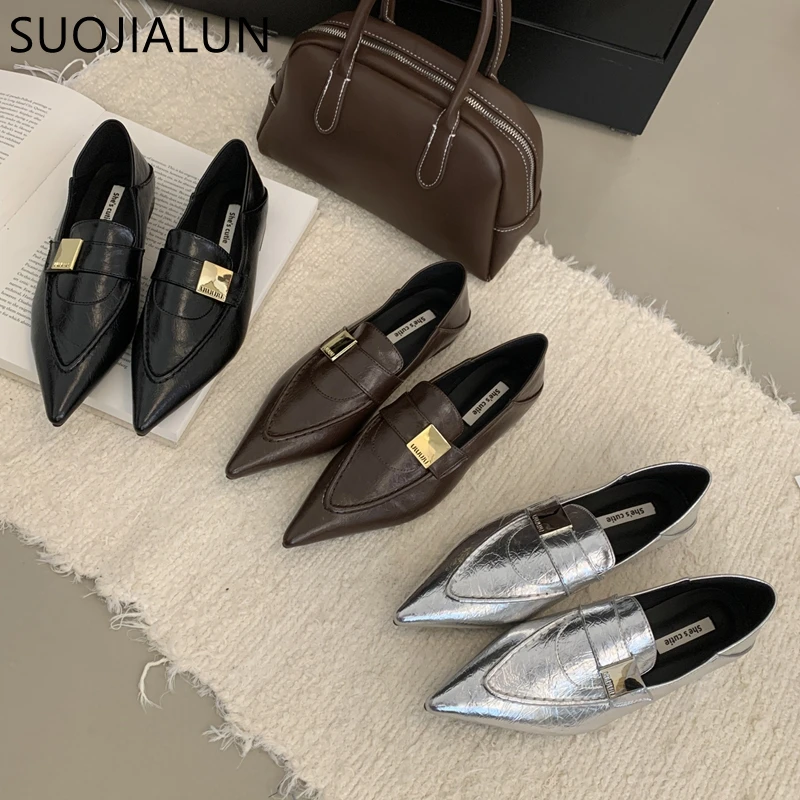 SUOJIALUN 2024 Autumn Women Flat Shoes Fashion Pointed Toe Buckle Ladies Elegant Laofer Shoes Square Low Heel Casual Single Shoe