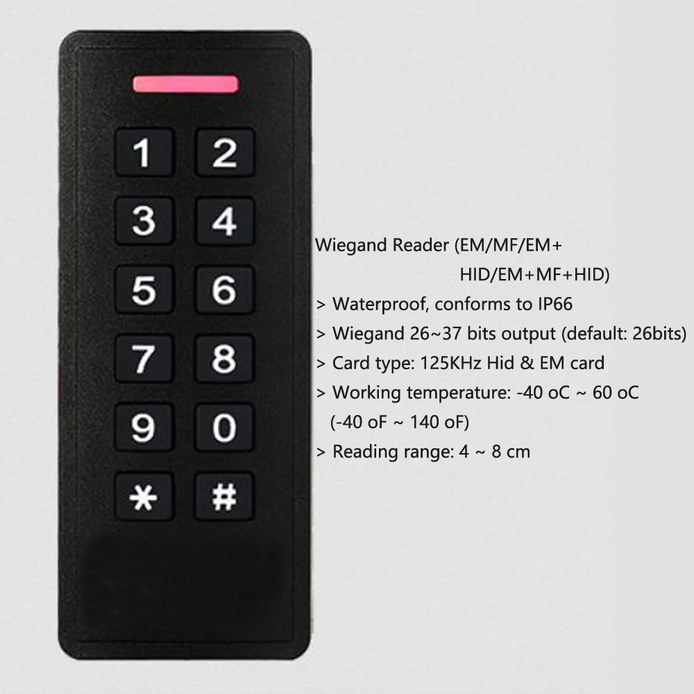 

backlight Waterproof IP66 Wiegand 26~37 bit output 125KHz RFID keypad Access Control Proximity Card Reader Door Opener