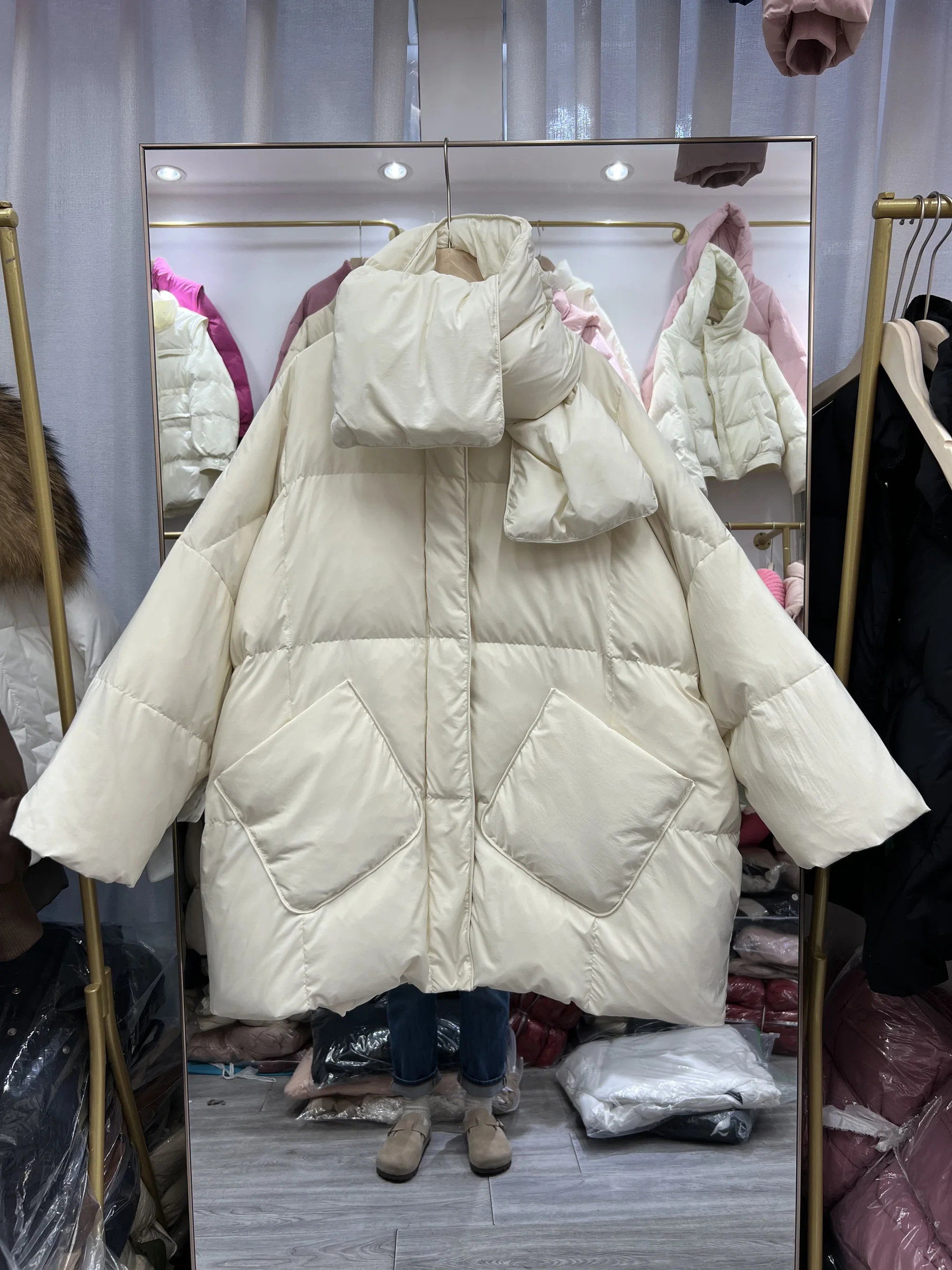 

New White Duck Down Jacket for Women Medium Long Thick Fashionable Parka Pocket Scarf Large Size Loose White Duck Down Jacket