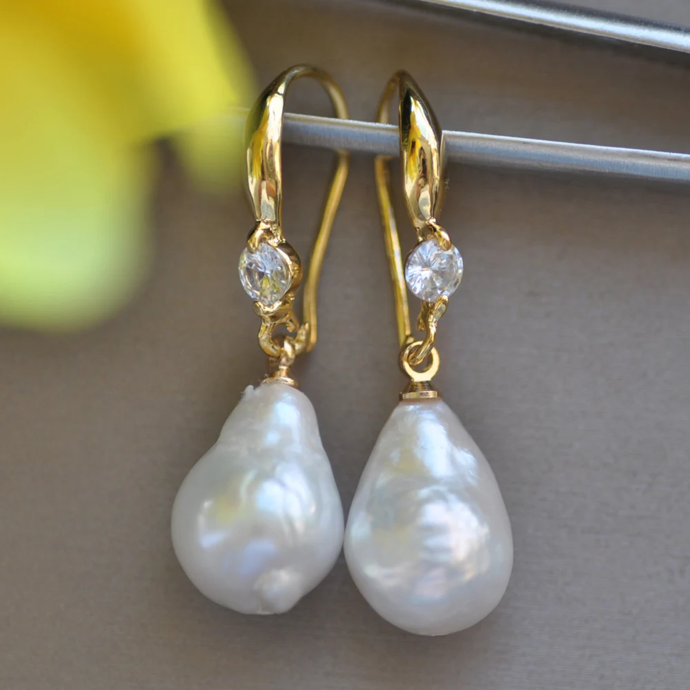 MTC·STARZ Z10650 14mm White Drop Edison Keshi Pearl Gold-plating Dangle Earring CZ