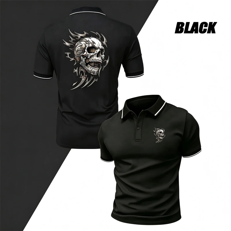 Gothic Style Meets Smart Casual in a Skull Print Short Sleeve Polo Shirt with Contrast Trim and Button Collar for Everyday Wear