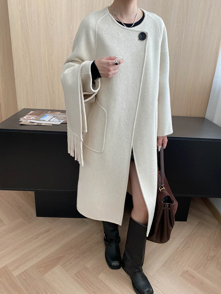 

Французское роскошное свободное шерстяное двустороннее шерстяное пальто с круглым вырезом и шарфом в комплекте