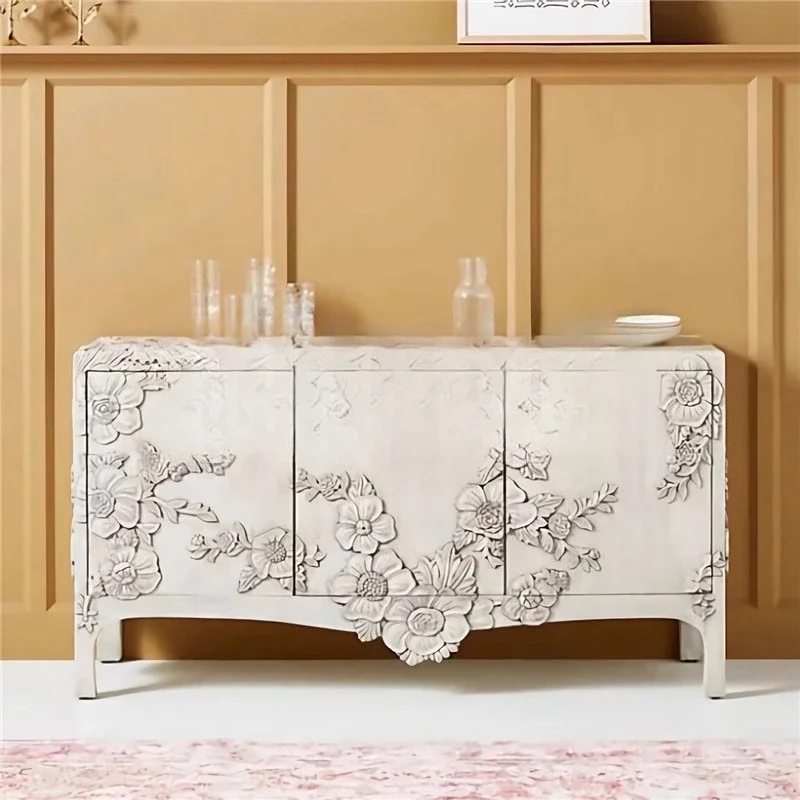 French retro solid wood carving flower entrance cabinet living room dining side cabinet