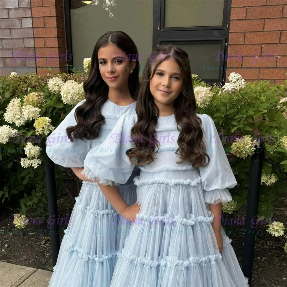 Elegant Blu Flower Girl Dress Tulle Fluff For Wedding Ball Dresses Ruffles Floral Toddler Pageant Gown Kids Birthday Party Gowns