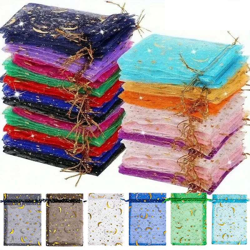 Organza Bags Bulk (50 Count) Star Moon Print and Drawstring Closure, Storage for Small Accessories, Gift Giving, Event Decor TMZ