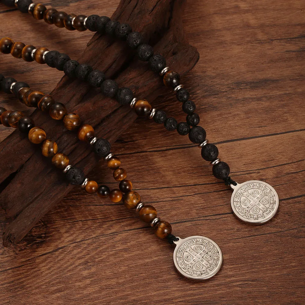 1 قطعة حجر عين النمر الطبيعي الصليب سانت بنديكت قلادة للرجال الحمم الحجر مطرز ميدالية سان بينيتو قلادة رجل مجوهرات