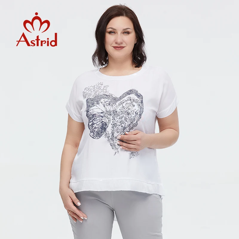 Astrid Summer Women's T-shirt 2023 New Cotton Linen Top Oversized Short Sleeve Tee Fashion Sequins Pattern Print Female Clothing