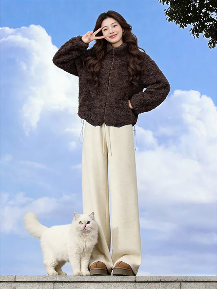 

Утепленный женский кардиган с воротником-стойкой, новый зимний фасон, свободный крой, теплый, с отделкой из овечьего меха, на шнуровке