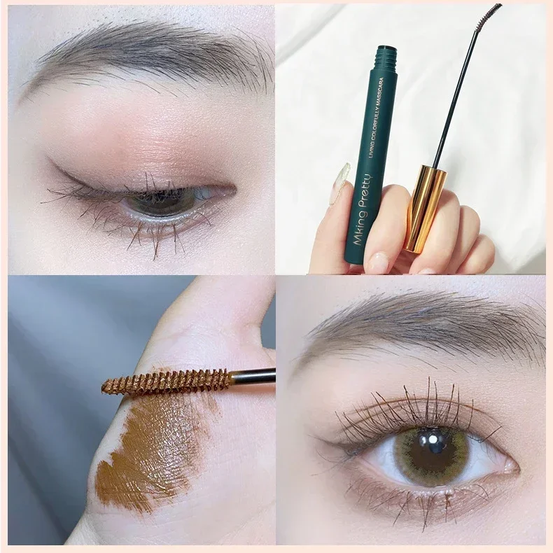 Mascara imperméable à l'eau, extension de cils bruns, brosse pour les yeux, maquillage de beauté, longue tenue, document bleu