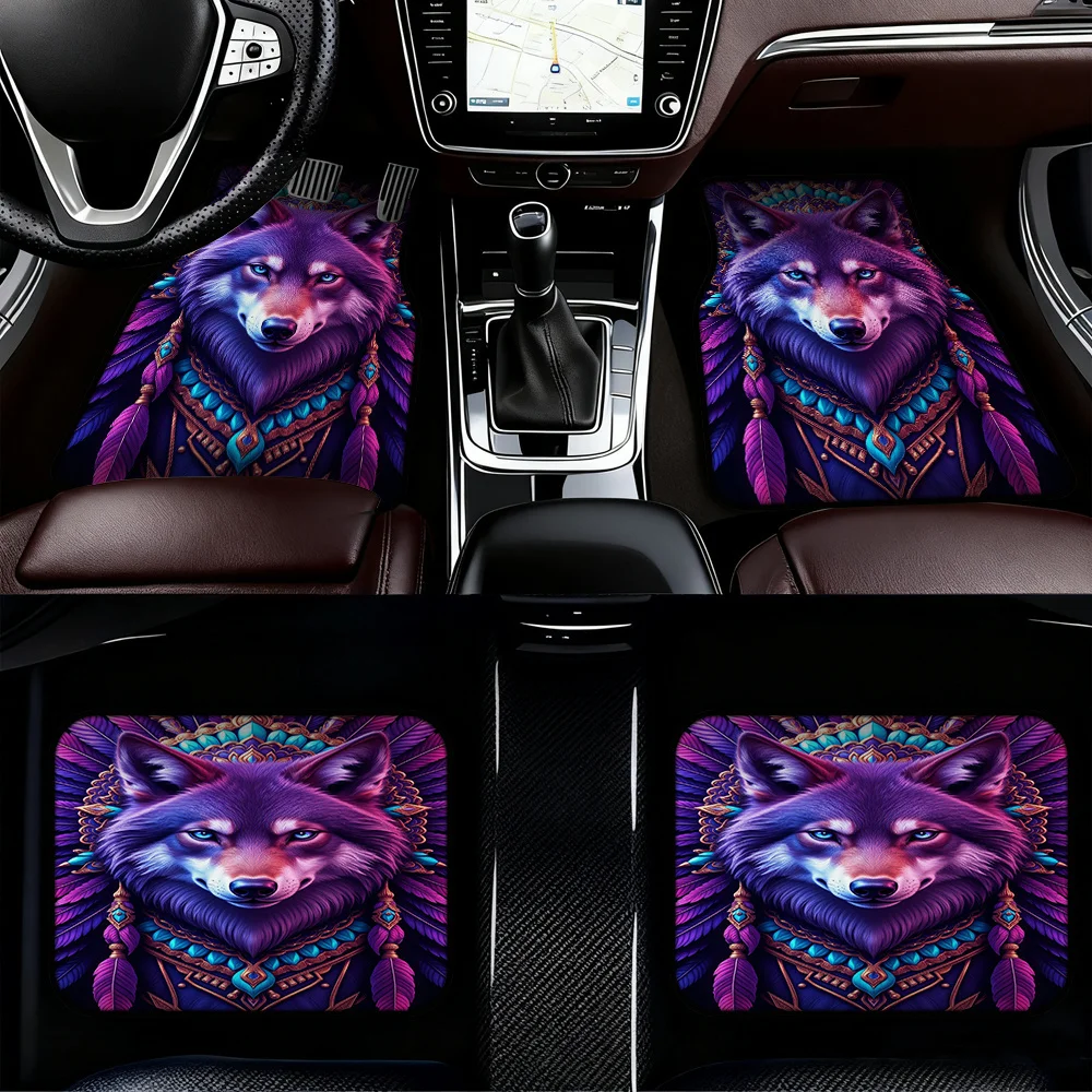 4pcs Wolf Tribal Car Floor Mats - Fit For Sedans & Hatchbacks, Non-Slip Blue/Purple/Black/Pink/White/Purple Wolf Design, Driver/