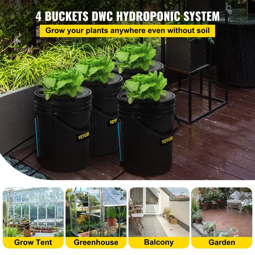 VEVOR DWC Hydroponic System, 5 Gallon 4 Buckets, Deep Water Culture Growing Bucket