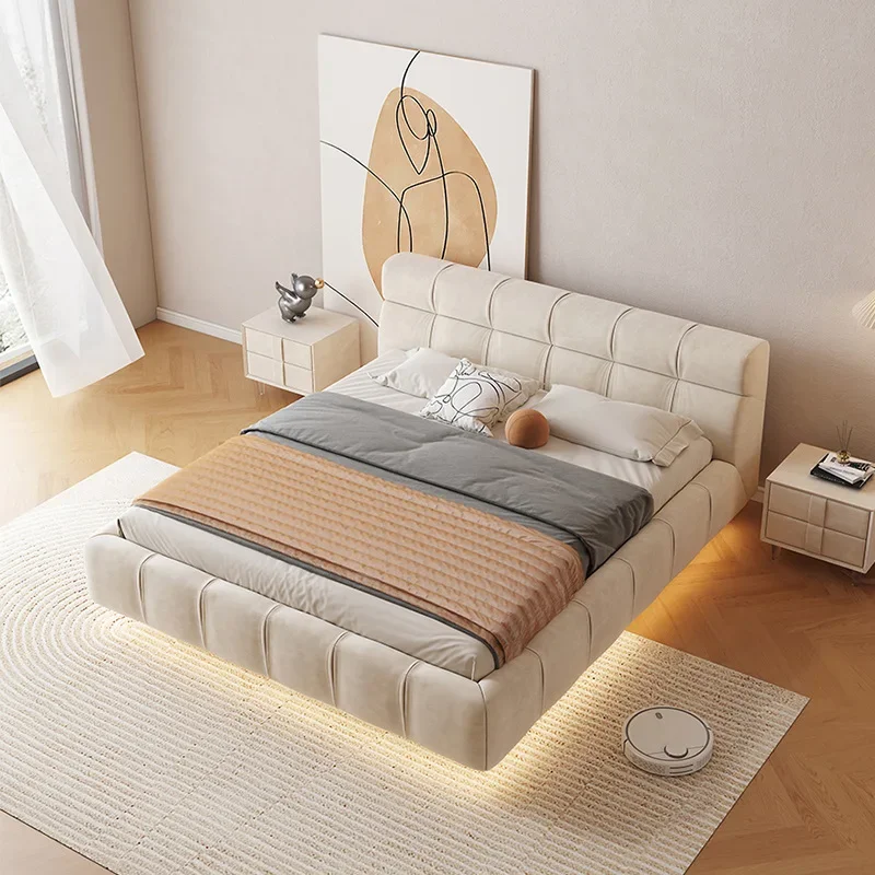 Led Bedroom Full Set With King Size Bed  Automatic Led Light Belt  Suspension Technology Fabric  Furniture Frosted  Bread