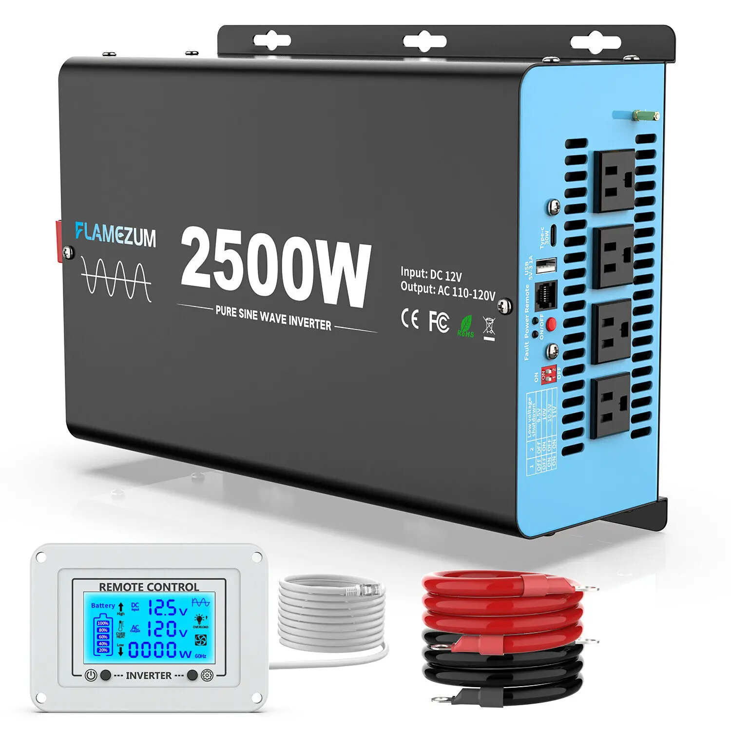 2500W Pure Sine Wave Power Inverter 12V DC to 110V/120V AC, 5000W Peak Car Inverter for RV Remote Control, 4 AC Outlets, 30W USB-C Port and LCD Display Provide Reliable Backup Power for RV, Truck, Solar, Camping and Off-Grid Use.