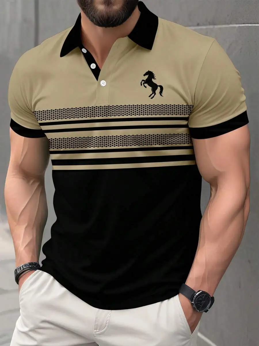 

Men's Casual Short Sleeve Polo Shirt with Horse Graphic and Striped Pattern