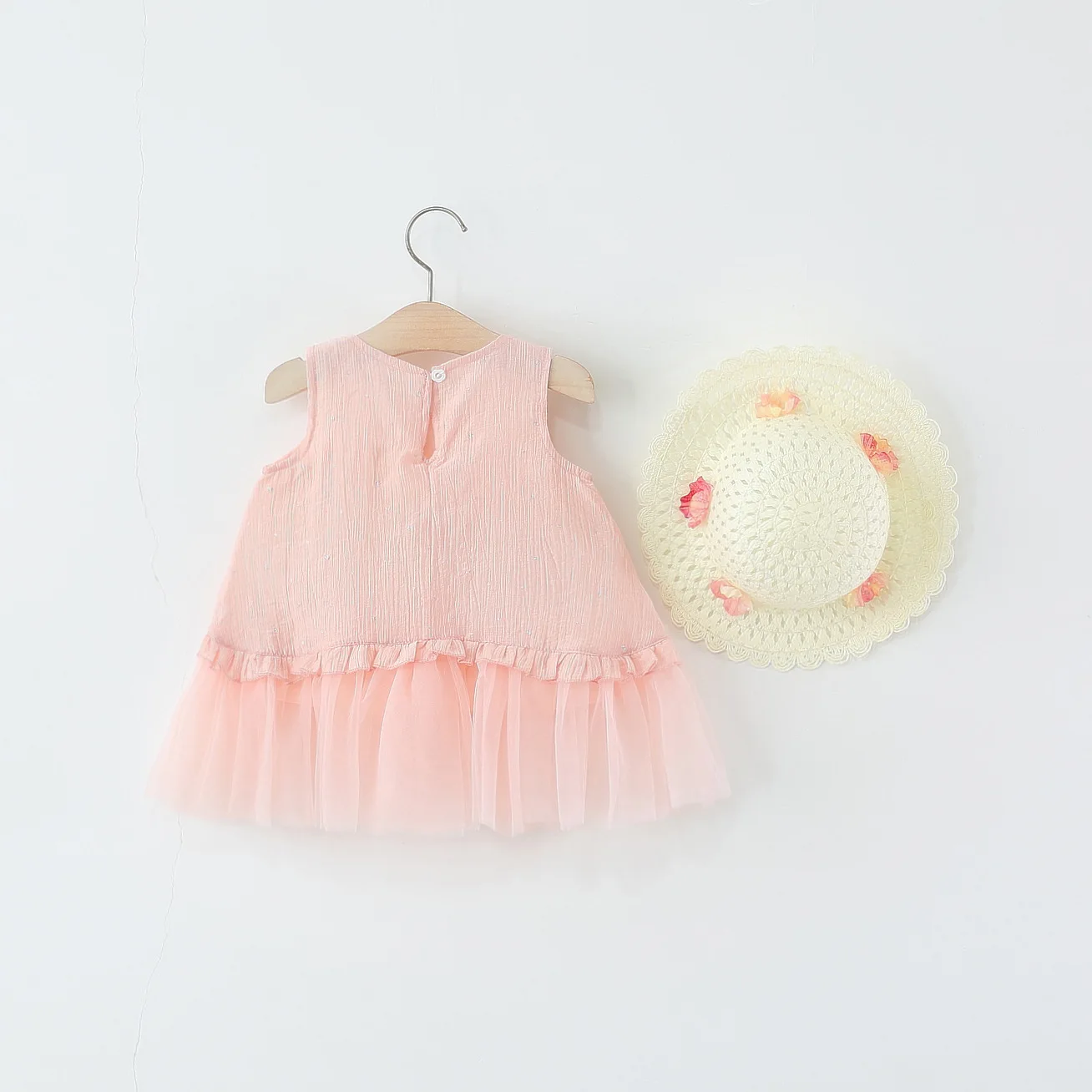 2 قطعة الصيف طفل فتاة فساتين الكورية موضة زهرة أكمام شبكة فستان الأميرة الطفل قبعة الشمس بوتيك الاطفال الملابس B048 #3