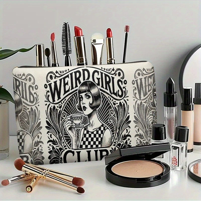 Schickes Geschenk, seltsame Mädchen-Club-Make-up-Tasche, Vintage-Kosmetiktasche mit Blumen- und Karomuster, Reißverschluss-Kosmetiktasche für Reise-Toilettenartikel-Aufbewahrungstasche – Detail 7