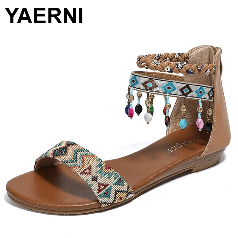 Fashion Women\'s Sandals 2024 Summer New Style Rear Zipper Beaded Tassel Women\'s Shoes Ethnic Style Roman Sandals Women