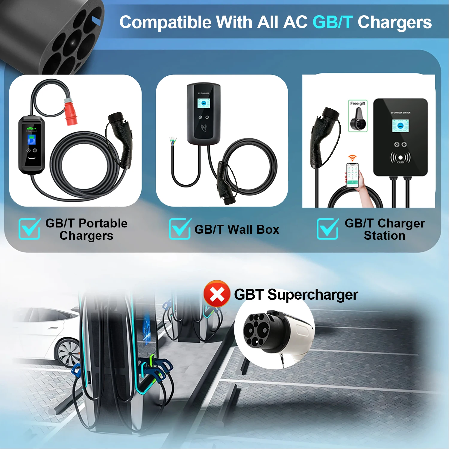 Kolanky EV Charger Adapter GB/T to Type 2 32A 7.2KW/22KW AC EV Connector for Type 2 European Standard Electric Vehicle Charging