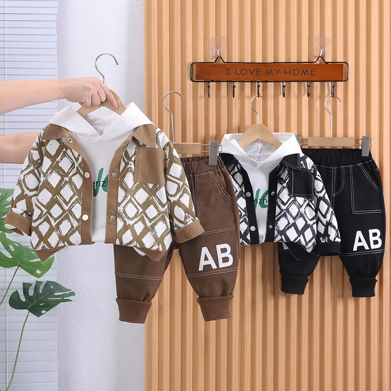 Kids Clothing Set Spring Autumn Baby Boy Clothes 1 To 5 Years Diamond Lapel Denim Jackets + Hooded Hoodies + Pants Boys Outfits