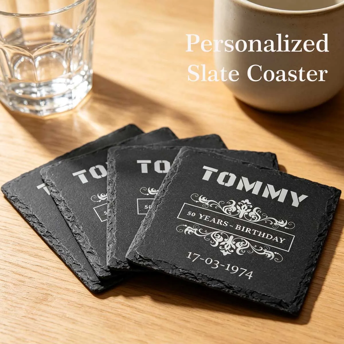 6 Pack Square Slate Drink Coasters,4 Inch Black Slate Stone Coasters Cup Coaster Laser Engraving Blanks with Anti-Scratch Bottom