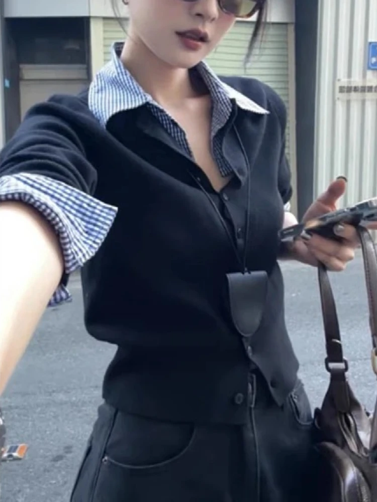 

Korean Style Fashion Plaid Polo Collar Base Shirt Harajuku Elegant Long-sleeve T-shirt Women New Slim-fit Design T-shirt Autumn