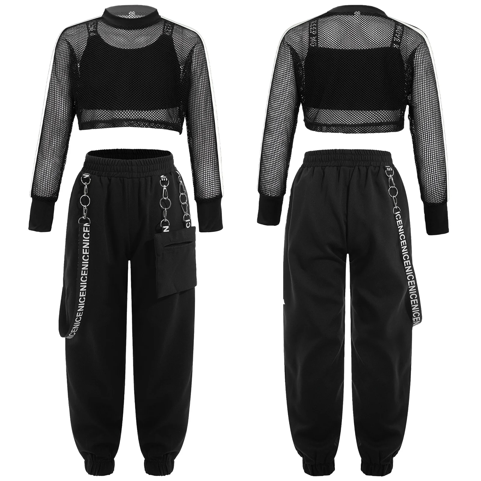 Kids Girls Casual Sport Outfit Hip-Hop Dancewear Letters Printed Shoulder Straps Vest+Long Sleeve Hollow Out Mesh Crop Top+Pants