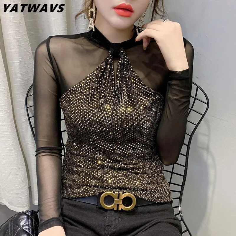 

New Autumn European Long Sleeve T-Shirt Streetwear Girl Sexy Mesh Patchwork Luxury Sequined Tees Chic Women Shiny Gold Tops