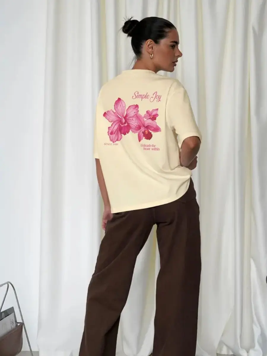 Retro 100% Pure Cotton American Pink orchid Summer New Cute Casual Women's Oversize T-shirt image 5