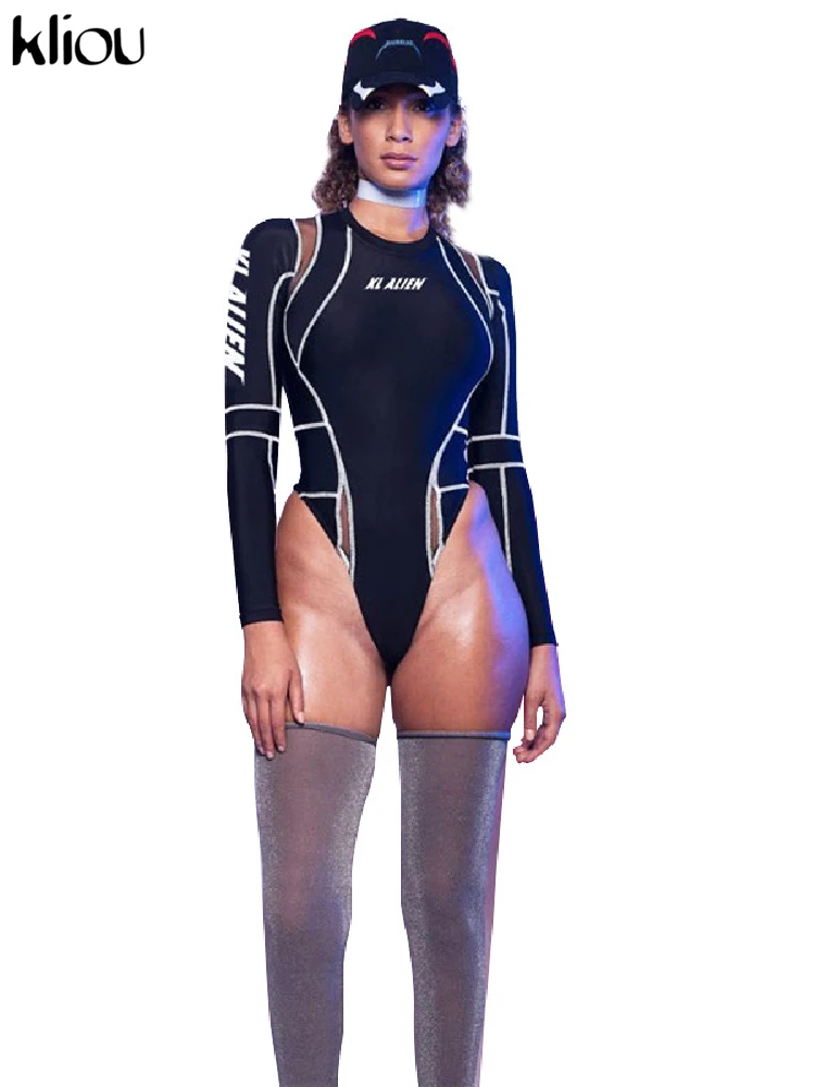 Kliou Women Full Sleeve Turtleneck Bodysuits Mesh Patchwork Letter Print Biker New Fashion Female Workout Street Casual Rompers