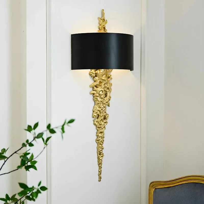 

Long Brass Wall Lamp LED Mercerized Fabric Lampshade Bedroom Bedside Living Room Corridor Aisle Postmodern Copper Sconces Lights