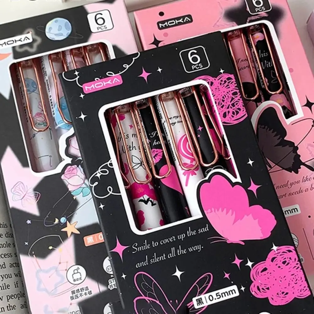 6 pçs kawaii bonito imprensa gel caneta bonita estética boa aparência 0.5mm caneta de escrita st nib borboleta série caneta de tinta preta estudante