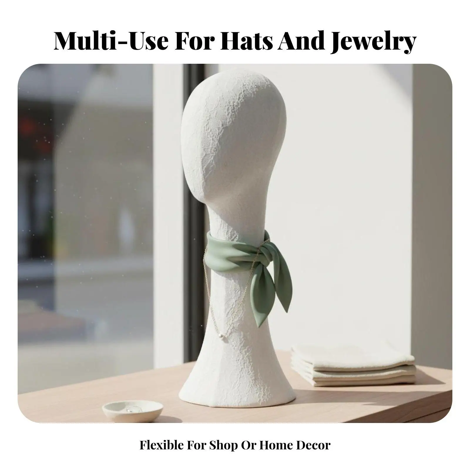 Refined Textile Head Display Mannequin with Square Base for Hat Jewelry Craft Show Styling