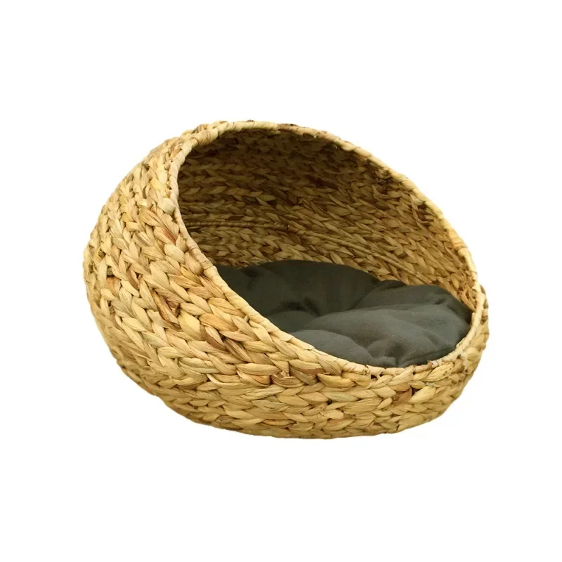 

Handmade Water hyacinth Pet Basket Closed General Knitting Cat Bed Woven Rattan Removable And Washed Pet Nest With Soft Cushion