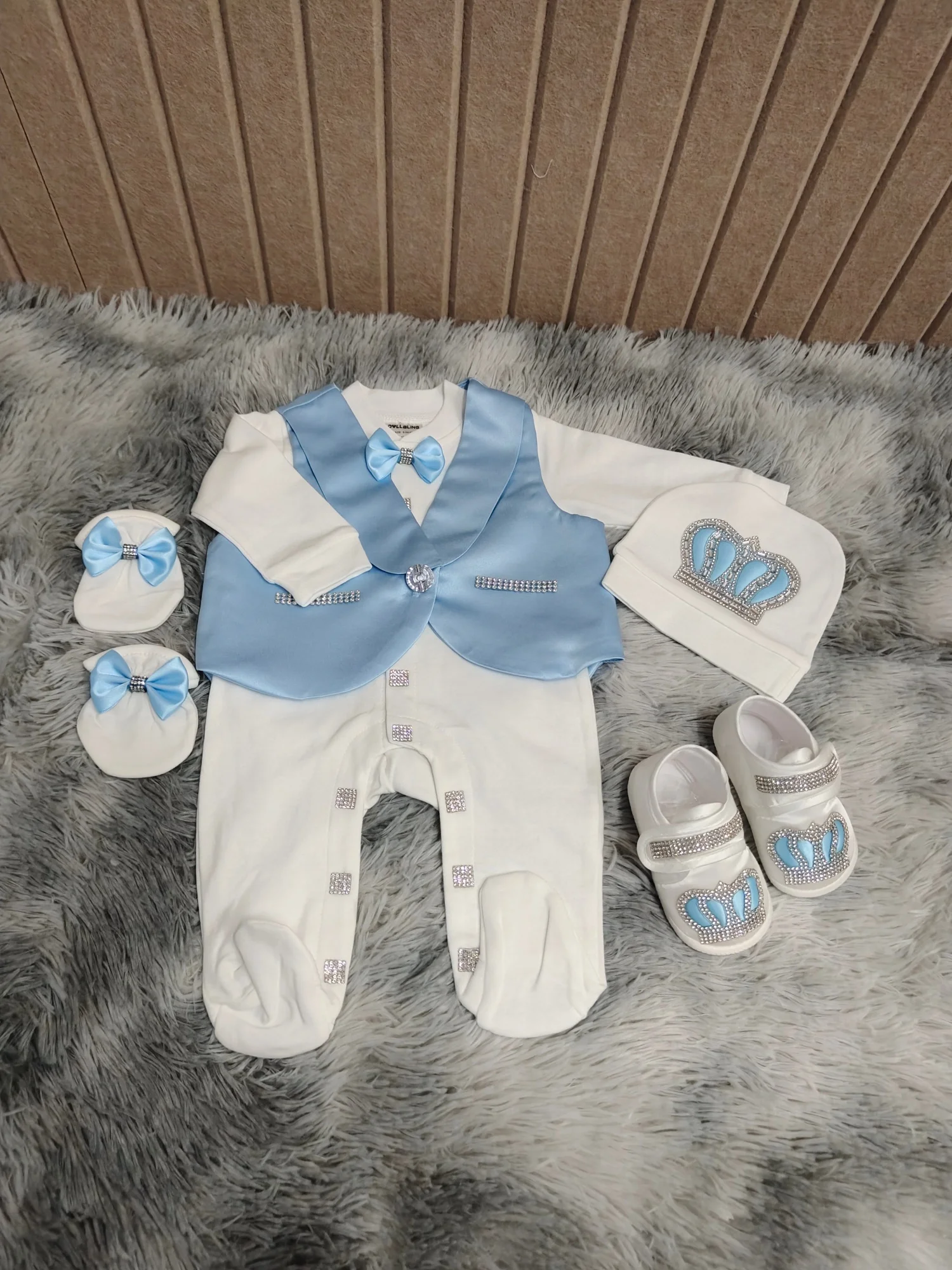 

Newborn Baby Footed Romper 0-9 Months 5Pcs All White Baby Blue Satin Vest Bow Tie Rhinestone Crown Long Sleeve Footed Jumpsuit