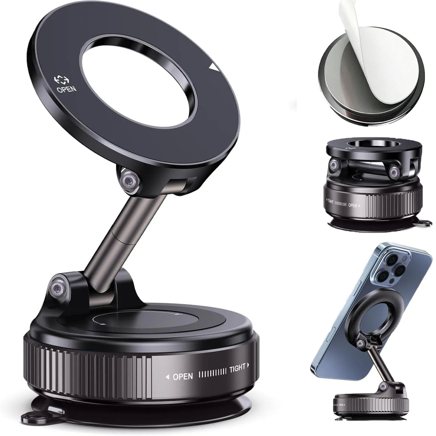 

Foldable Magnetic Car Phone Holder – N52 Magnet, 360° Rotatable Suction Cup for Dashboard Includes Extra Mount Pad & Adjustment