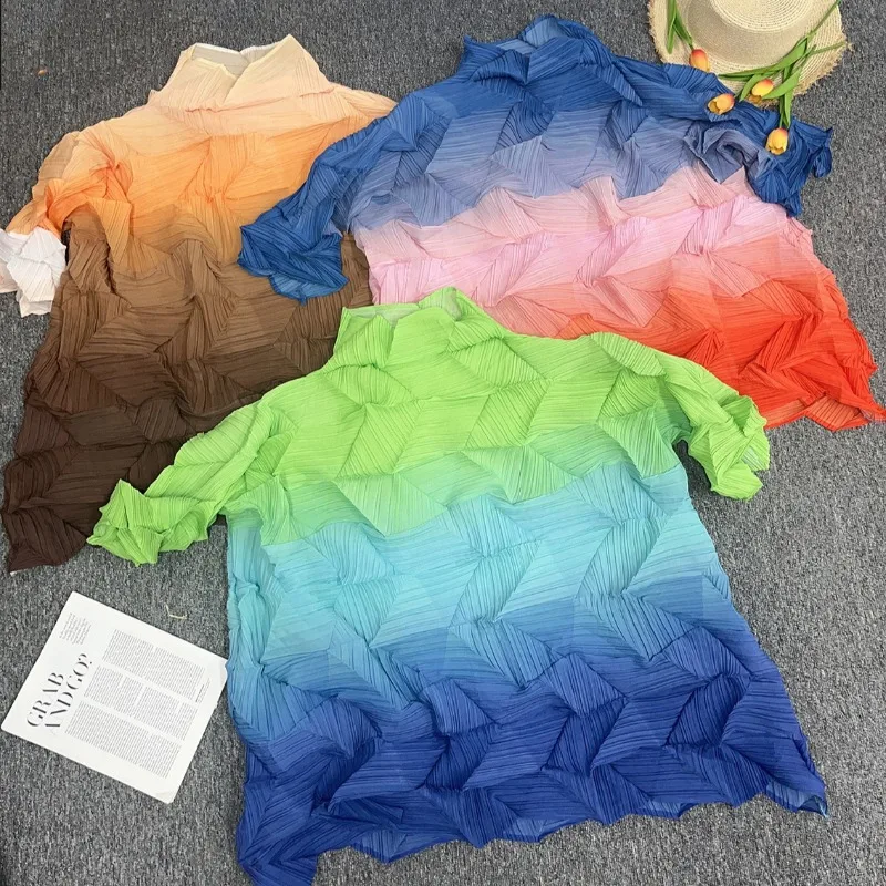 Miyake Plus Size Stretch T-Shirt Summer New Brick Stone Pleated Gradient Color High Neck Short Sleeve Loose Top Women's Clothing