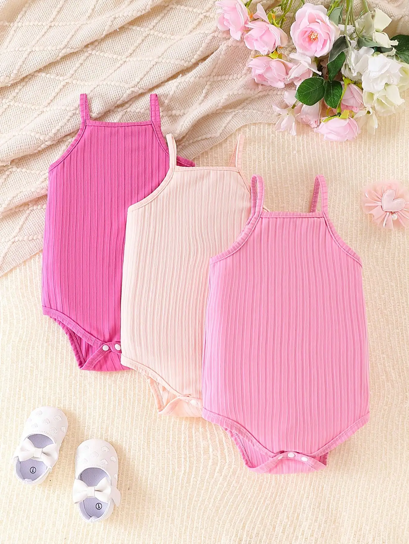 Three-Piece Baby Girls Summer Simple Breathable Comfortable Camisole Romper Casual Cool Cute Sweet Solid Color Multi-piece Set