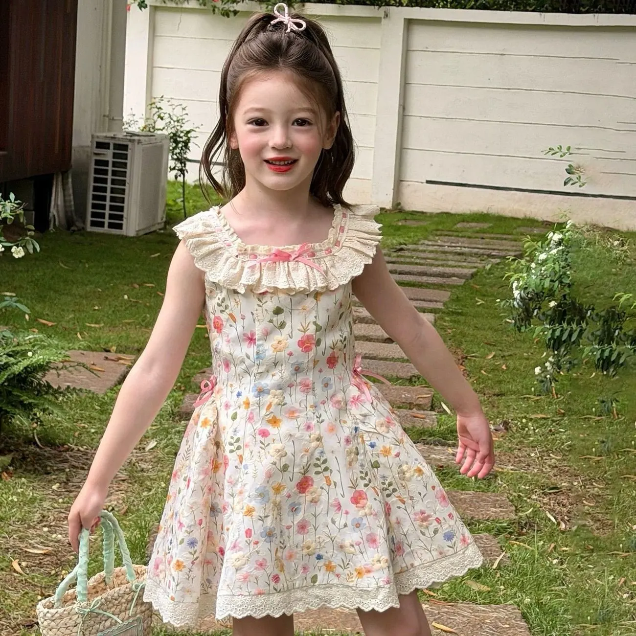 Girls Sleeveless Floral Dress Cotton Lace Princess Style Summer Children's Countryside Theme Sweet Dress for Girls 2026