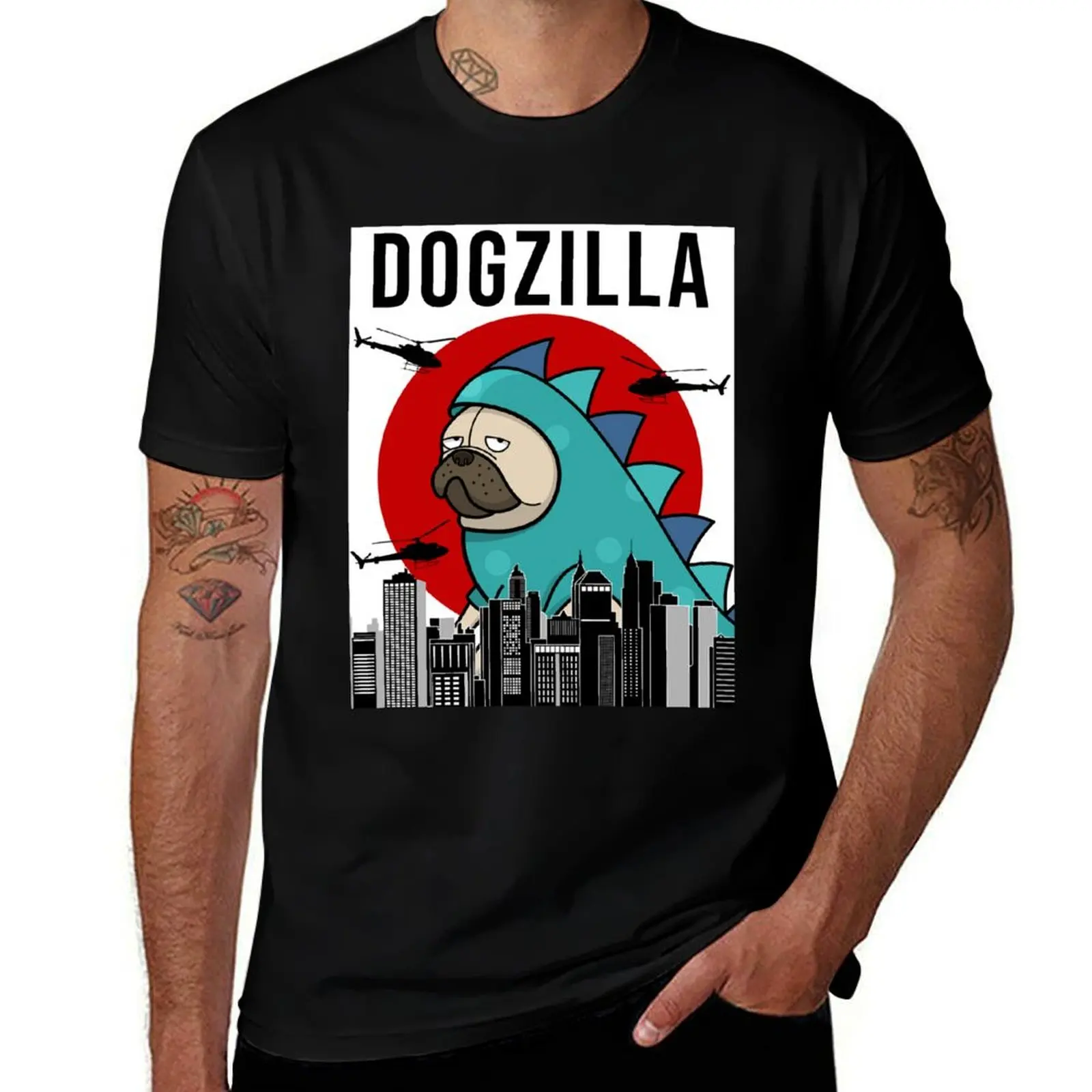 Pug Dogzilla Funny Dog Japanese T-Shirt Work Wear Simple Tee Shirt T-Shirt
