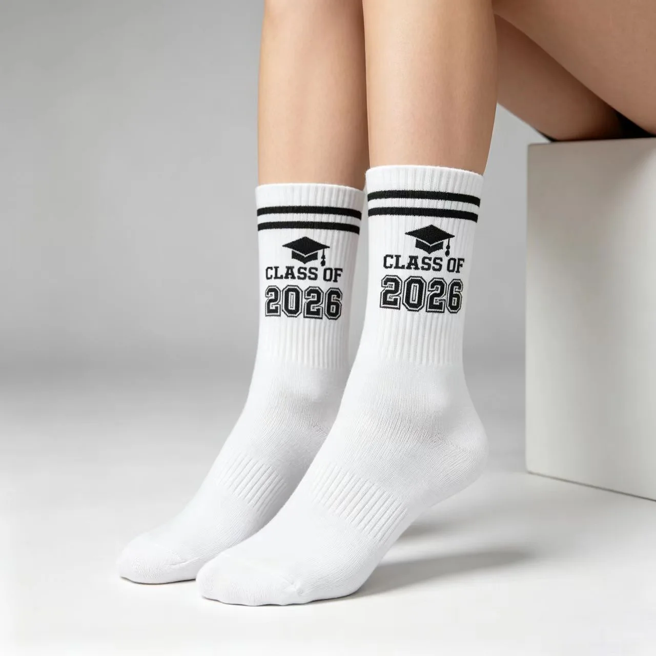 2026 New Class of 2026 Graduation Crew Socks White Striped Mid-Calf Tube Socks All-Season Comfortable Unisex Casual Gift