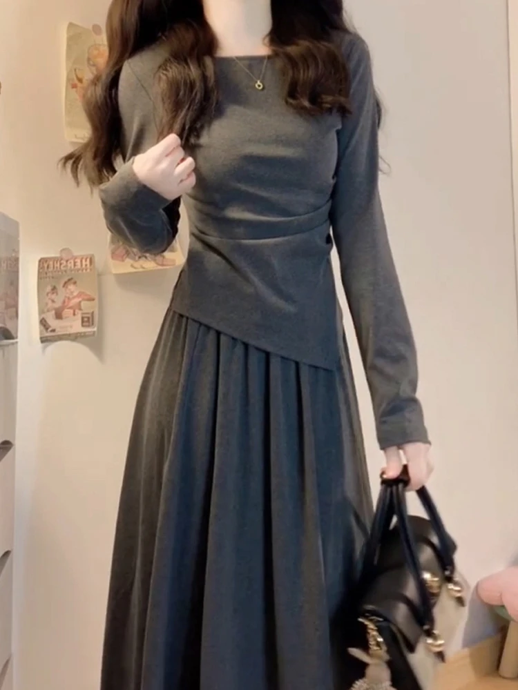 

Женский комплект из двух предметов: дышащая юбка миди и топ с длинным рукавом в корейском стиле для осени и зимы